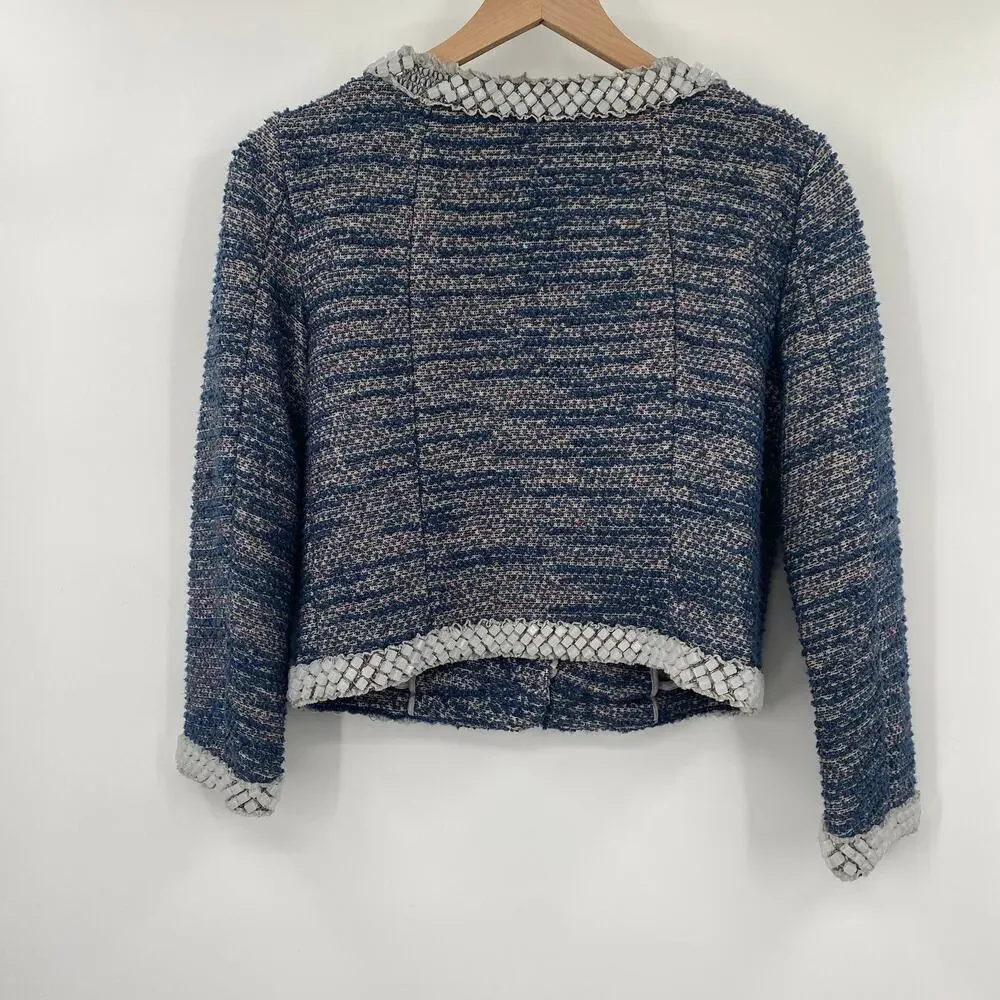 Anthropologie Isani Massey Tweed Blazer Beaded Trim Crop Lady Jacket Blue Small